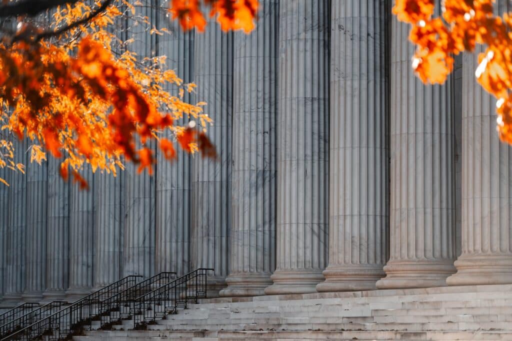 Fall leaves against a background of large columns and courthouse steps, representing mandatory shareholder arbitration