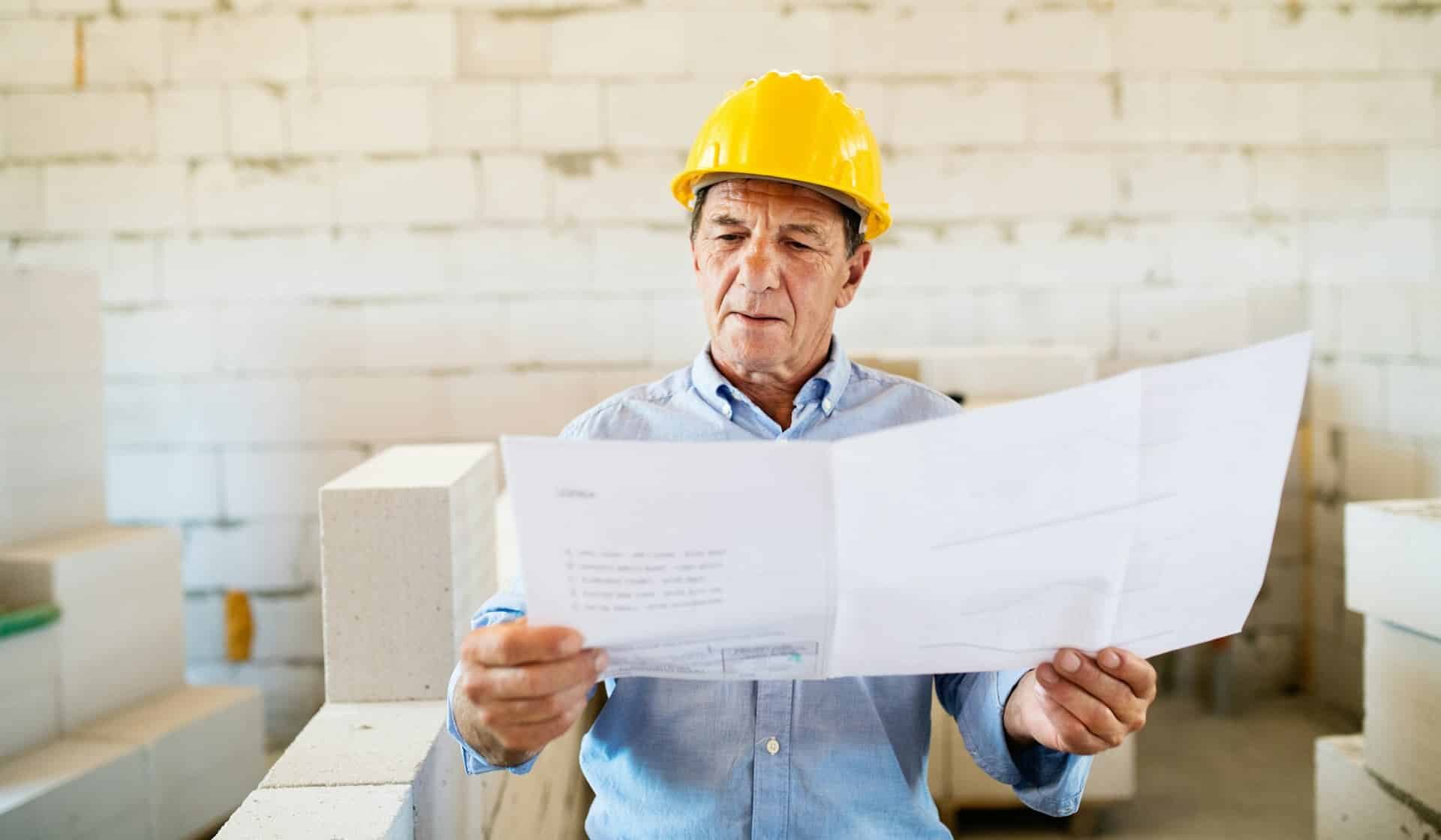 A male construction worker wearing a hard hat and reading a document, representing implied terms in construction contracts